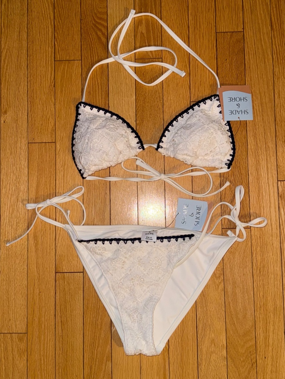 Crochet Cream and Navy Blue Bikini Top and Bottom